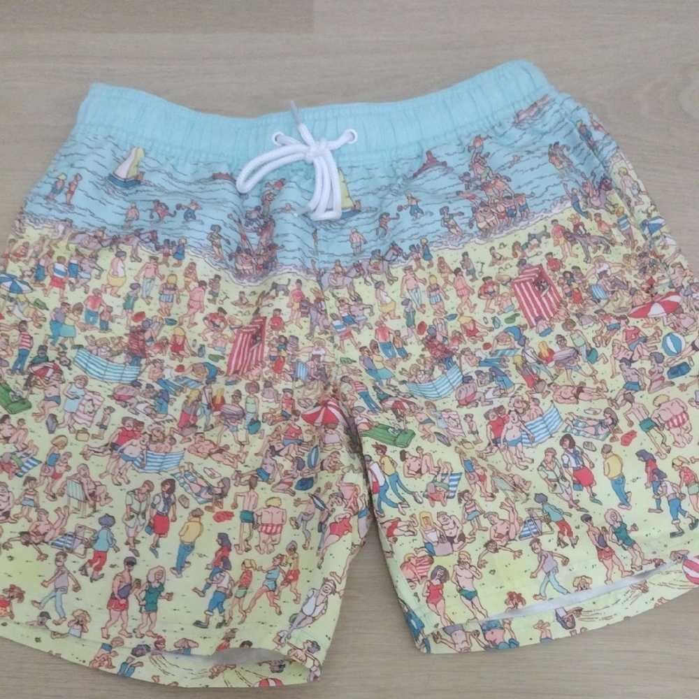 WHERE'S WALDO Colorful Beach Scene Swim Shorts